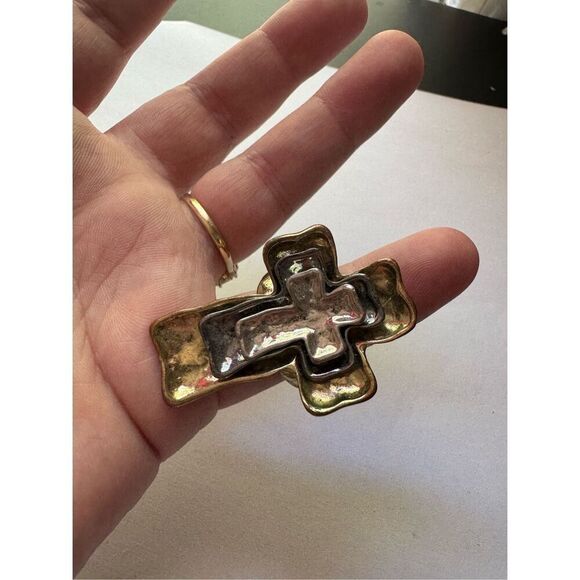 Womens Y2K Vintage Chunky Cross Gold Silver Tone Stretchy Cross Ring Western - Picture 2 of 6